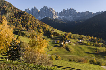 Scenic view of Odle mountains, Santa Maddalena, Funes Valley, Dolomites, Alto Adige, Italy, Europe - ISF01756