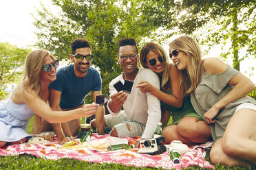 Fünf erwachsene Freunde betrachten einen Film aus einer Sofortbildkamera bei einem Picknick im Park - ISF01952