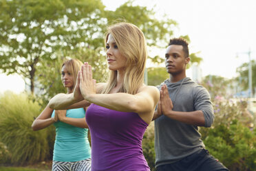 Männliche und weibliche Erwachsene üben im Park Yoga auf einem Bein mit zusammengelegten Händen - ISF01961