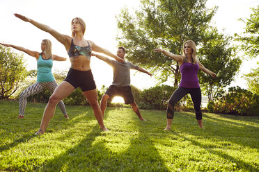 Male and female adults practicing yoga in park, in warrior 1 pose - ISF01971