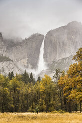 Landschaft mit entferntem nebligem Wasserfall, Yosemite National Park, Kalifornien, USA - CUF07997