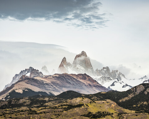 Blick auf die Bergkette Fitz Roy im Nationalpark Los Glaciares, Patagonien, Argentinien, lizenzfreies Stockfoto