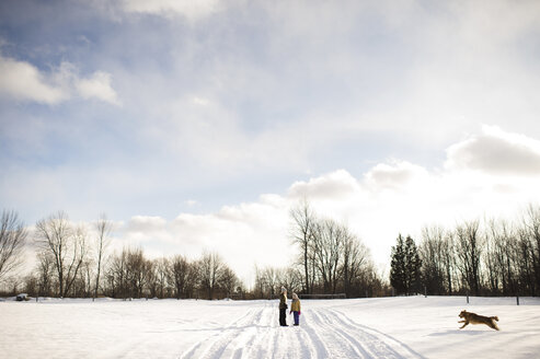 Kinder auf schneebedecktem Weg, die ihren Golden Retriever rufen, Lakefield, Ontario, Kanada - CUF08455