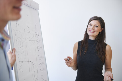 Colleagues in office using flipchart to give presentation stock photo