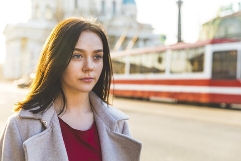 Russia, St. Petersburg, portrait of young woman in the city stock photo