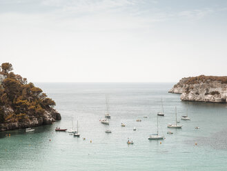 Elevated view of boats in sea, Menorca, Spain - CUF09431