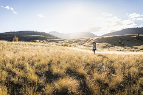 Frau beim Wandern, Trans Canada Highway, bei Kamloops, Boston Flats, British Columbia, Kanada, lizenzfreies Stockfoto