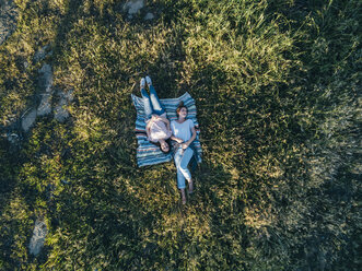 Overhead view of friends lying on blanket on grass, Firenze, Toscana, Italy, Europe - CUF09678
