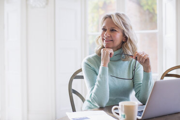 Smiling, ambitious mature female freelancer working at laptop at home - HOXF03527