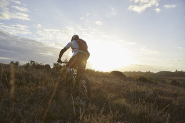 Männlicher Mountainbiker, der im Sonnenlicht auf einer Moorstrecke radelt - CUF10117