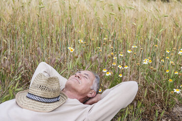 Man with hands behind head lying down in wildflower meadow - CUF10181