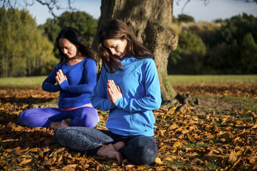 Zwei Frauen machen Yoga im Park an einem Herbsttag - CUF10356