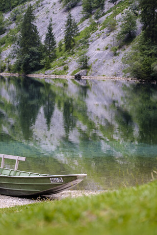 Germany, Bavaria, Berchtesgaden Alps, Obersee, Lakeshore and boat stock photo