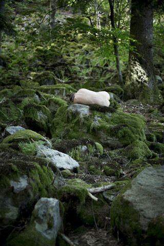 Nackte junge Frau schläft im Wald, lizenzfreies Stockfoto