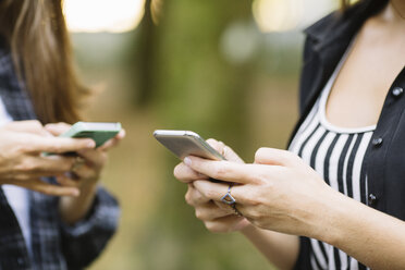 Cropped shot of two young women using smartphone touchscreen in park - CUF11509