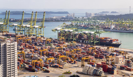 Elevated view of container terminal, cranes and container ship, Singapore, South East Asia - CUF11596