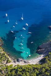 High angle view of yachts anchored in coastal bay, Majorca, Spain - CUF11714