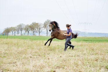 Frau läuft und führt Pferd beim Training im Gelände - CUF11918