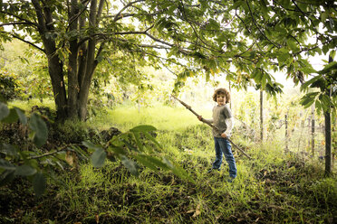 Porträt eines Jungen mit einer Stange zum Sammeln von Kastanien in den Wäldern der Weinberge - CUF11985