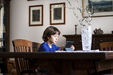 Boy sitting at table using touchscreen on digital tablet - CUF12499