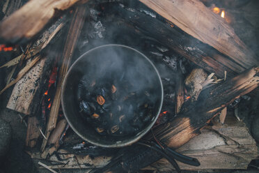 Norwegen, Lofoten, Moskenesoy, Essen kochen am Lagerfeuer - GUSF00894