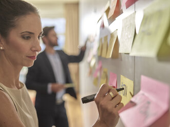 Colleagues writing on sticky notes at the wall - CVF00567