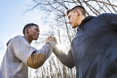 Zwei sportliche junge Männer schütteln sich im Freien die Hände - WPEF00324