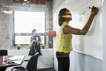 Two women in office, solving problem, using whiteboard, sticky notes stuck on whiteboard - ISF02606