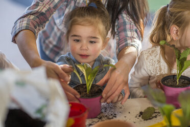 Mid adult woman helping young children with gardening activity - ISF02796