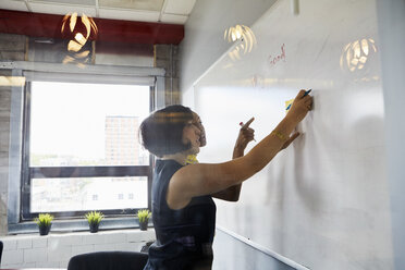 Two women in office, brainstorming, sticking sticky notes on whiteboard - ISF03274