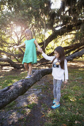 Girl holding hands with sister walking on tree branch - ISF03664