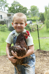 Junge hält geflecktes Huhn und schaut lächelnd in die Kamera - ISF03703