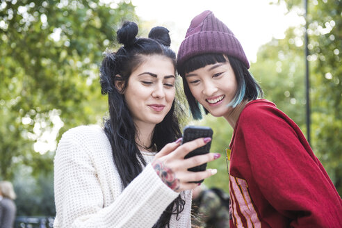 Zwei junge stilvolle Frauen schauen im Stadtpark auf ihr Smartphone - ISF03724