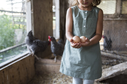 Mädchen im Hühnerstall, hält frische Eier, Mittelteil - ISF03763