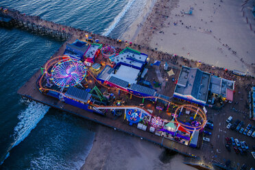 Overhead view of amusement park at dusk, Santa Monica, California, USA - ISF04015