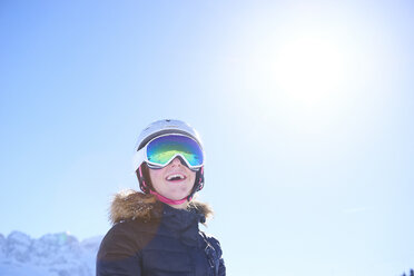 Girl thrilled, having fun on skiing holiday, Hintertux, Tirol, Austria - ISF04125