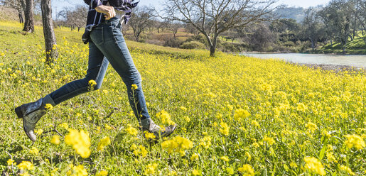 Ältere Frau, die durch ein Feld mit Wildblumen läuft, niedriger Abschnitt, Paso Robles, Kalifornien, USA - ISF04184