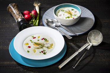 Kalte Suppe, Buttermilch-Sauerrahm-Kartoffelsuppe mit Ei, Rettich, Frühlingszwiebeln - MAEF12608