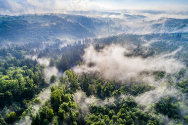 Germany, Baden-Wuerttemberg, Swabian Alb, Aerial view of Schurwald, morning fog - STSF01563