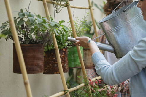 Young man and woman tending to plants growing in cans, young woman watering plants using watering can - ISF04656