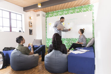 Young businessman pointing at whiteboard in creative meeting room - ISF05172