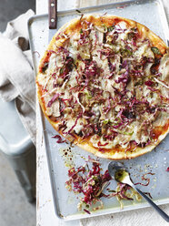 Pizza mit Schweinebauch und Radicchio auf dem Backblech, Draufsicht - ISF05233