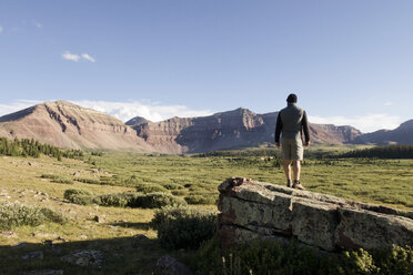 Männlicher Wanderer mit Blick über Landschaft und Berge, Wasatch-Cache National Forest, Utah, USA - ISF05251