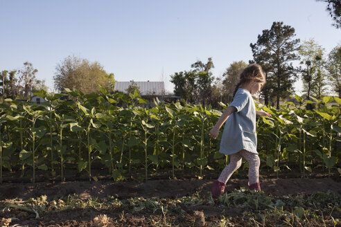 Junges Mädchen geht neben den Pflanzen auf einem Bauernhof, Seitenansicht - ISF05423