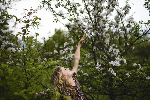 Mädchen mit gewelltem blondem Haar greift nach einer Baumblüte - ISF05468