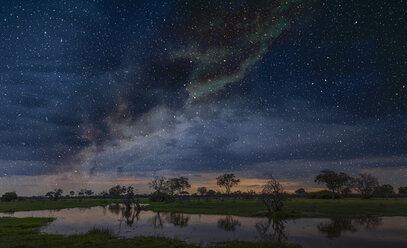 Starry night sky over swamp, Okavango Delta, Botswana, Limpopo, South Africa, Africa - ISF05636