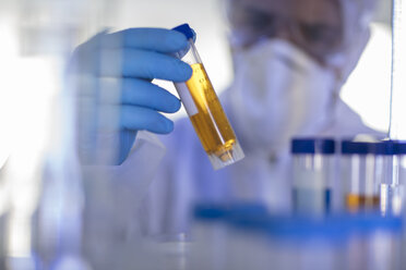 Laboratory worker holding liquid filled test tube, close-up - ISF05650