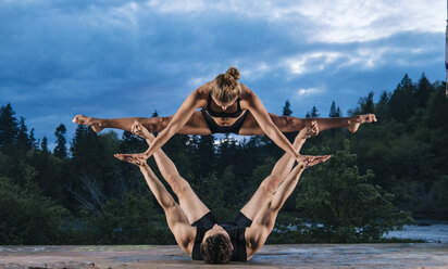 Acrobats performing on outdoor stage, Bainbridge, Washington, USA - ISF05693