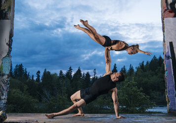 Acrobats performing on outdoor stage, Bainbridge, Washington, USA - ISF05694