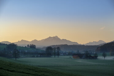 Germany, Bavaria, Upper Bavaria, View from Miesbach to Schliersee Mountains, Wendelstein at sunrise - LBF01934